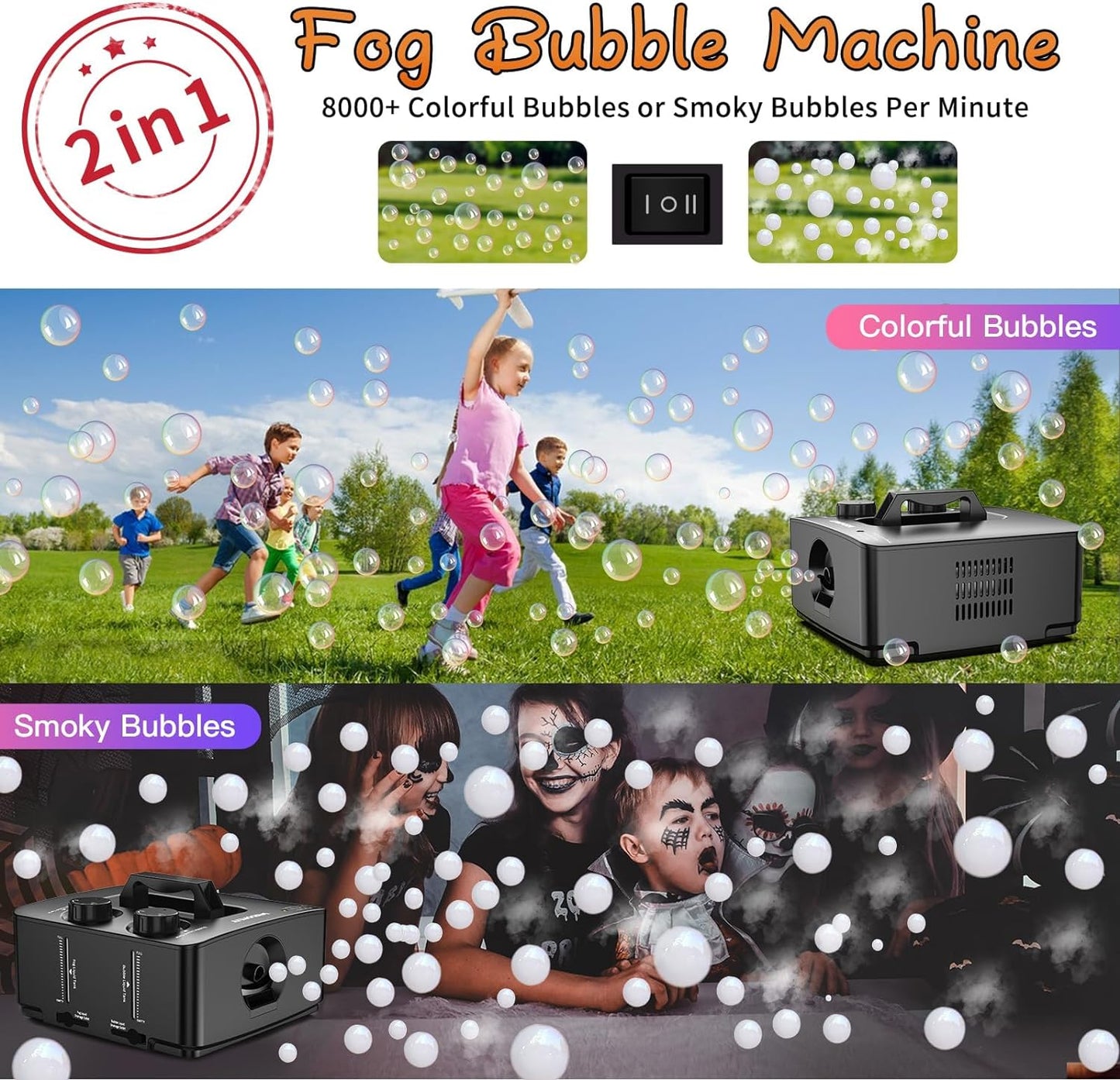 Wisdomlit Fog Bubble Machine, No Spill Smoke Bubble Maker, 250W Bubble Fog Machine, 8000+ Fog Bubbles Per Minute, Smoke Bubbles Effect for Indoor Outdoor Halloween Holiday Wedding Birthda