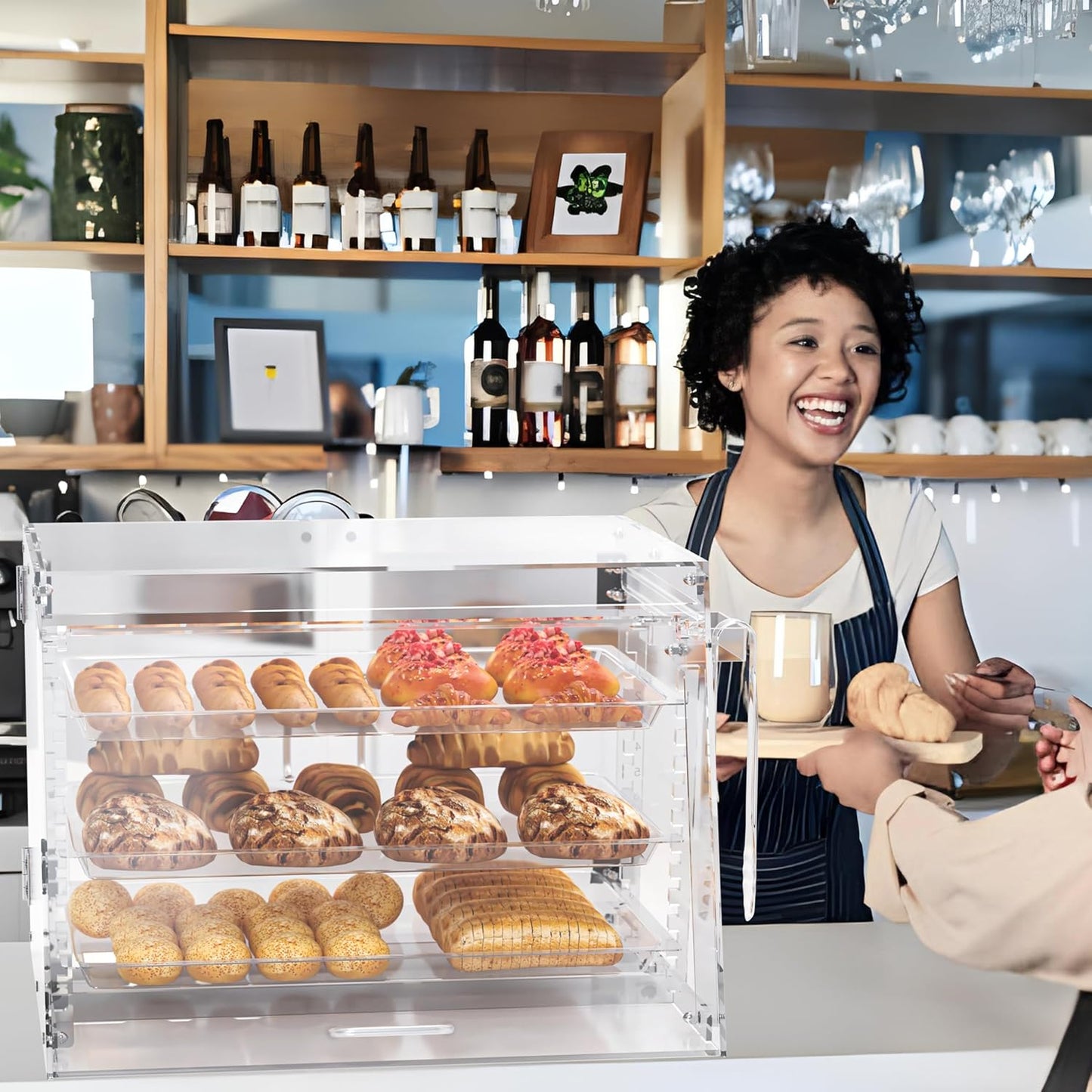 Commercial Countertop Bakery Display Case- 3 Tray Adjustable Pastry Display Case with Bread Tong - Clear Bread Box for Baking Enthusiasts for