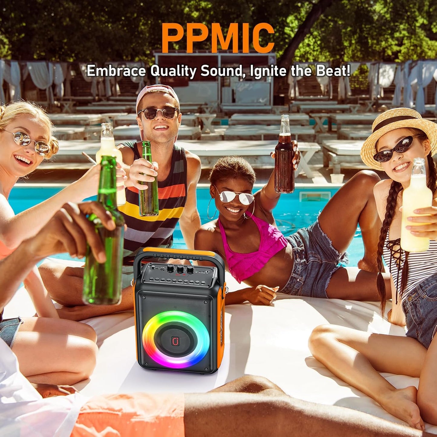 PPMIC Karaoke Machine for Adults and Kids, Portable Outdoor Bluetooth Speaker with 2 Wireless Microphones Supports DJ Ligh