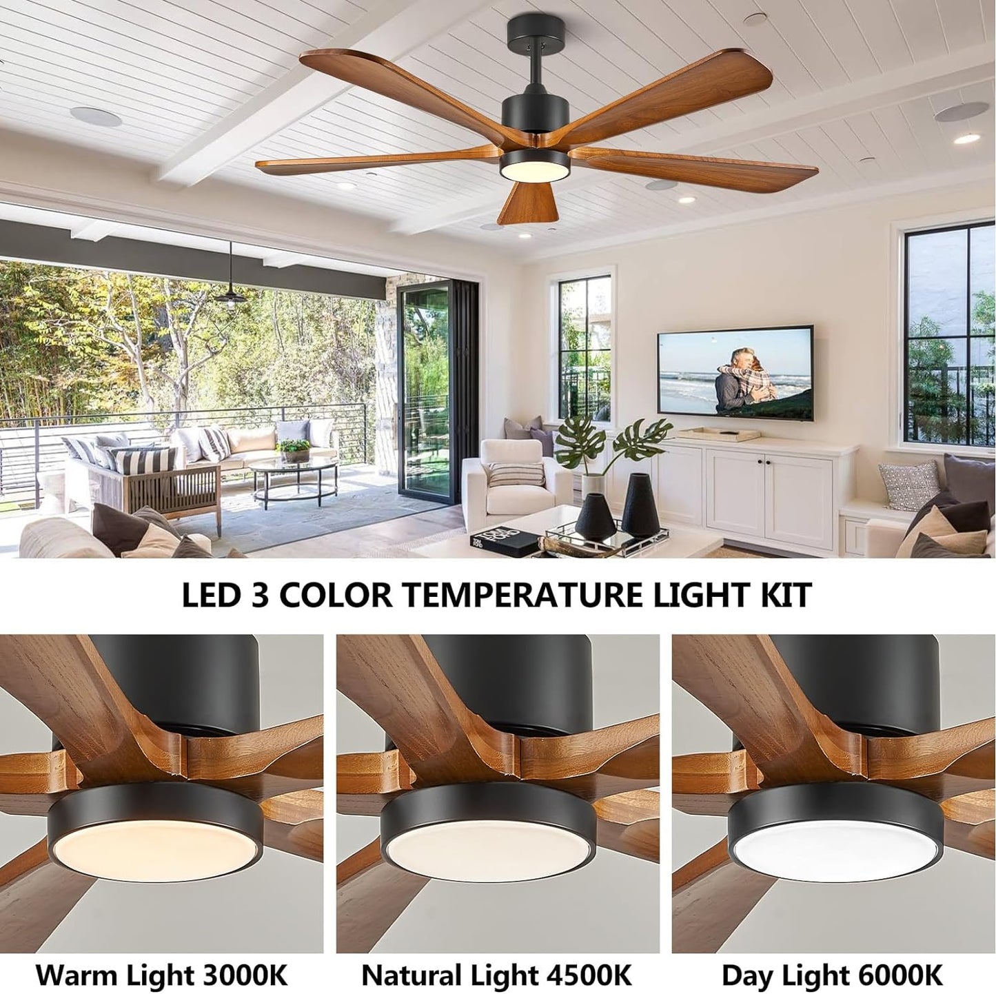 BOOSANT 52' Modern Ceiling Fan with Lights and Remote Control, 5 Solid Wood Blades 6-Speed Noiseless Reversible DC Motor, Ceiling Fan for Bedroom, Living Room-Yellow Walnut