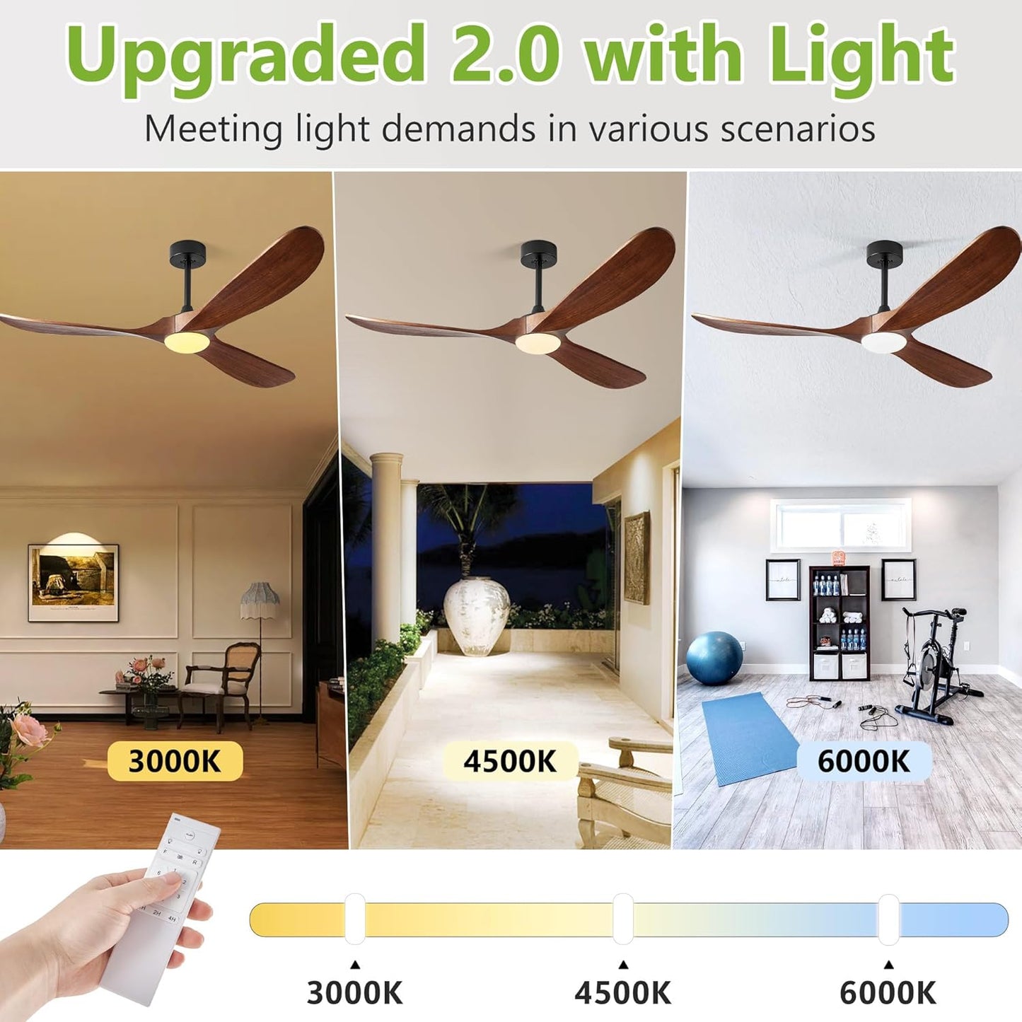 Ceiling Fans with Lights, 60 Inch Solid Wood Propeller Ceiling Fans with Lights and Remote Control Outdoor Ceiling Fan for Patios Indoor Living Room