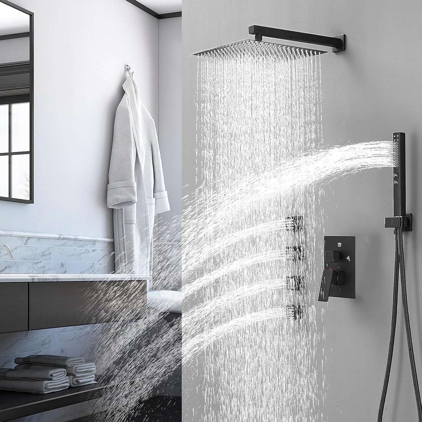 RUMOSE Rainfall Shower System with 4 Full Body Jet 4 Mode Shower Faucet Set with 12 Inch Rain Shower Head and 2 in 1 Handheld Spray, Matte Black Brass Shower Jet Shower Fixtures, Wall Mounted