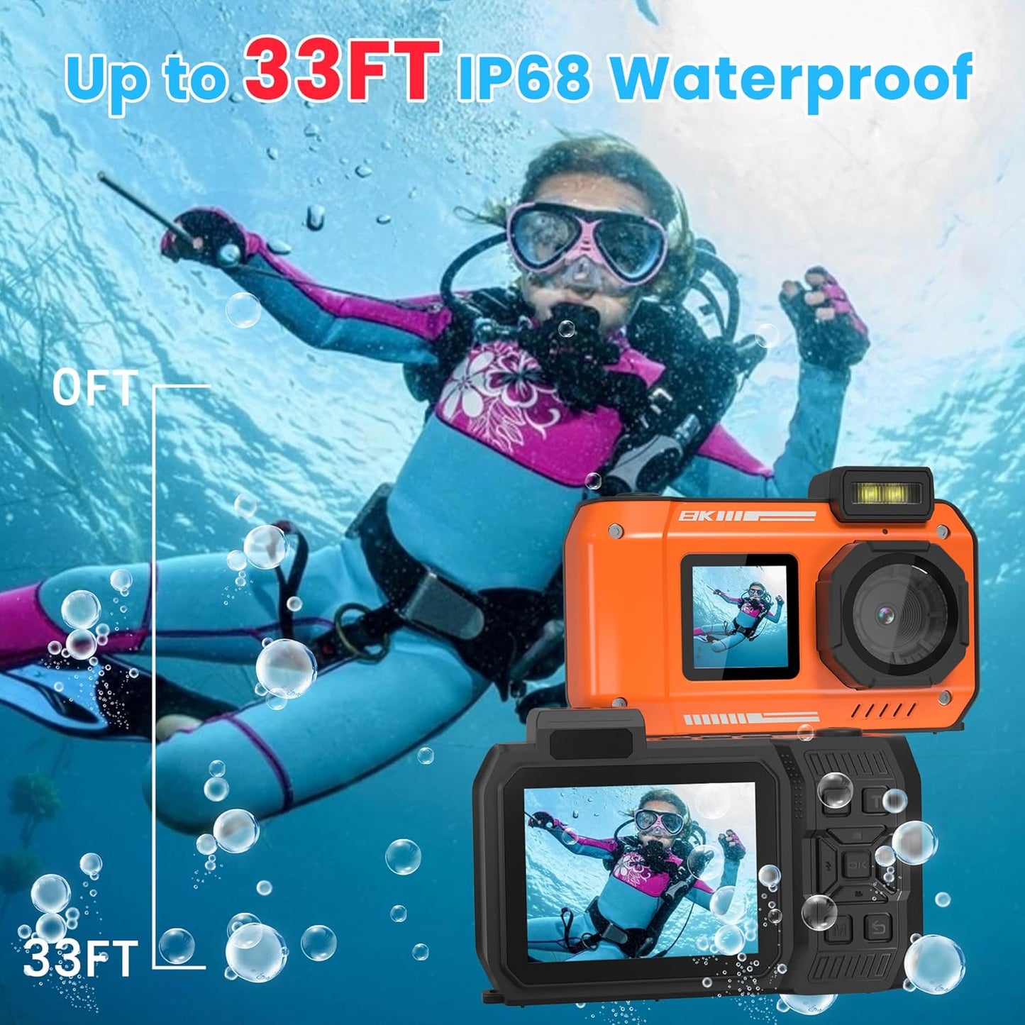 8K 70MP Digital Camera with 64G Card 33FT Underwater Camera Waterproof Camera Rugged Dustproof Shockproof for Snorkeling 18X Zoom Autofocus Selfie