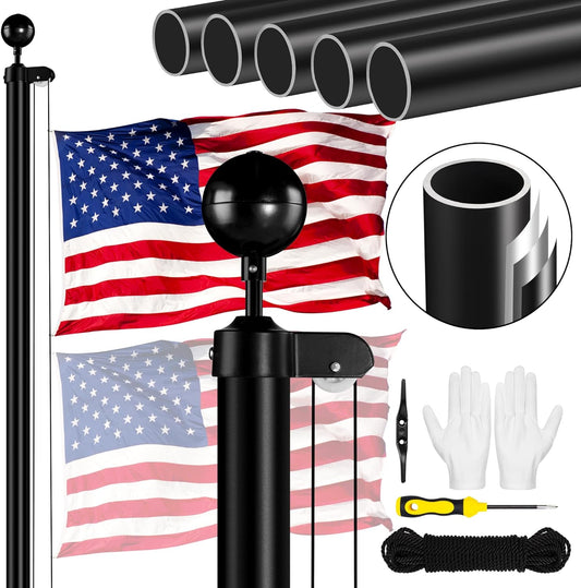 XIFAN Flag Pole Kit for Outside, 25 FT 12 Gauge Heavy Duty Aluminum Flagpole for Outdoor House in Ground, with Spun Polyester 3x5 ft American Flag for Garden Yard, Residential or Commercial (Black)