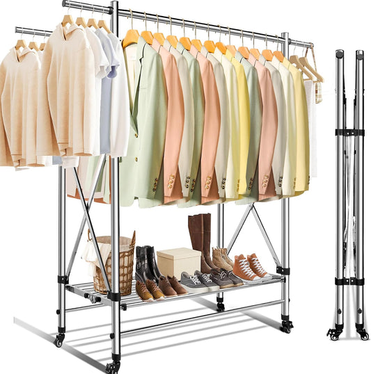 Clothes Rack - Heavy Duty Clothes Rack Load 580 LBS, Rolling Clothing Rack with Wheels, Collapsible  Adjustable Clothes Rack with Wheels Garment Rack