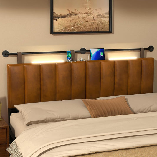 BSHOMGI Headboards, Wall Mounted King Size Headboard with USB & Type-C Ports Bed Headboard with LED Lights, Fabric