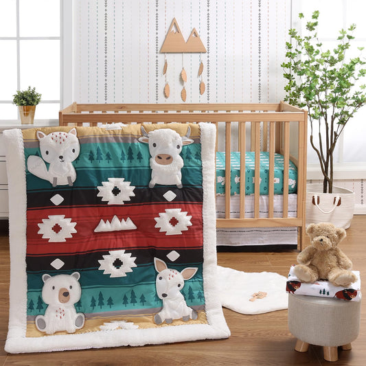 The Peanutshell Woodland Crib Bedding Set for Boys or Girls, 4pc Organic Cotton Crib Comforter Set, Western Woods, Buffalo, Fox, Bear, Deer Nursery Decor