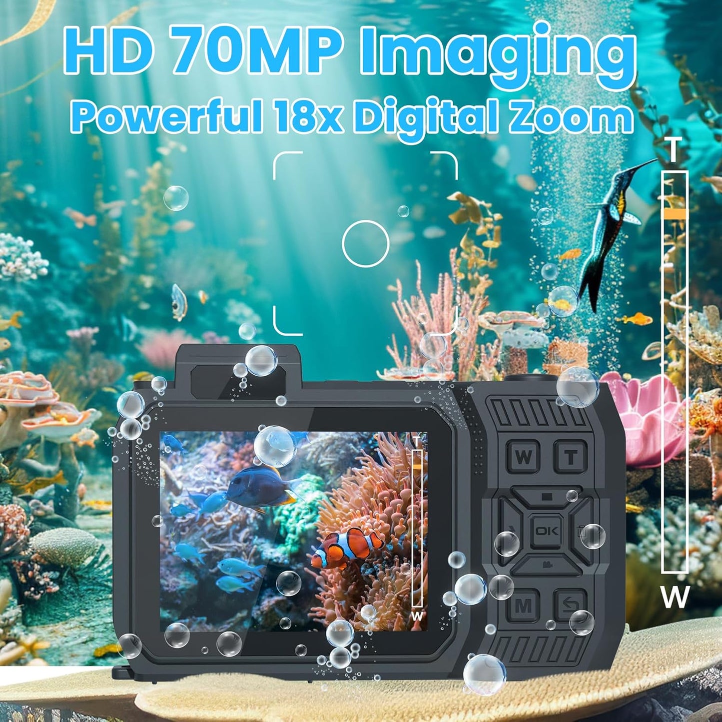 8K 70MP Digital Camera with 64G Card 33FT Underwater Camera Waterproof Camera Rugged Dustproof Shockproof for Snorkeling 18X Zoom Autofocus Selfie