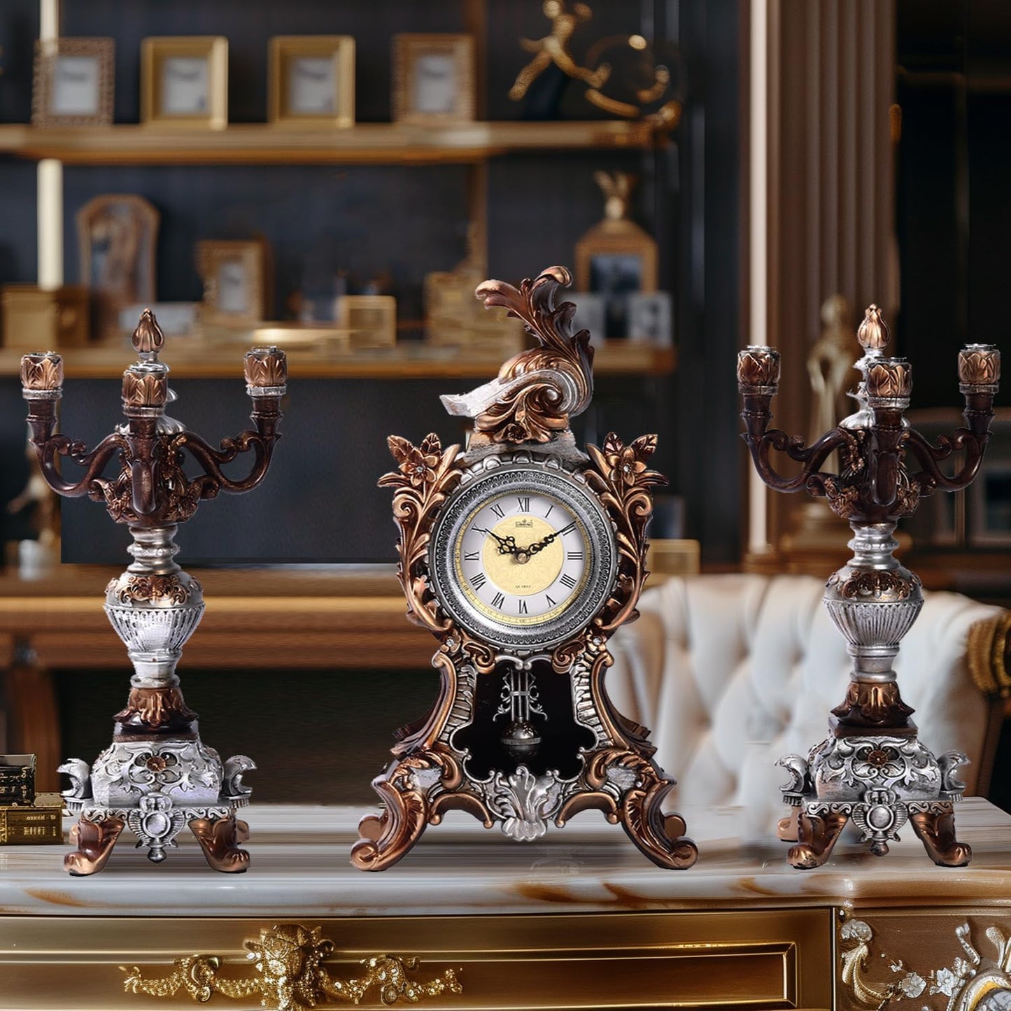 18.5H Rococo Style Pendulum Clock Mantel Clock with 2 Candelabra Candle Holders Baroque Resin Desk Clock Anniversay Clock for Living Room Bedroom