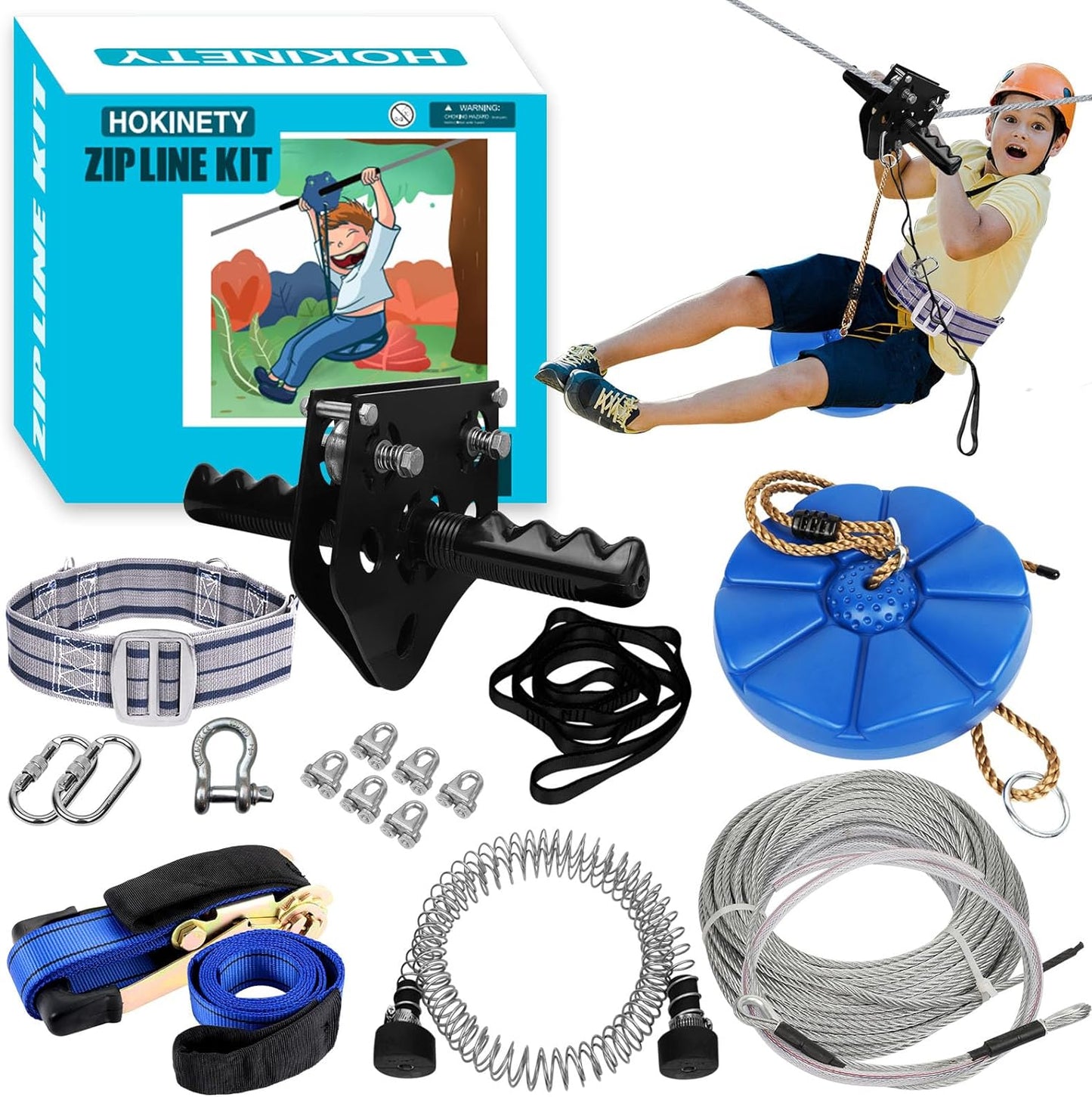 Zip Line Kit for Kids Adults : 200FT Up to 450Lbs - Quick Tighten Zipline for Backyard Outdoor with 100% Rust Proof Removable Trolley Seat Spring