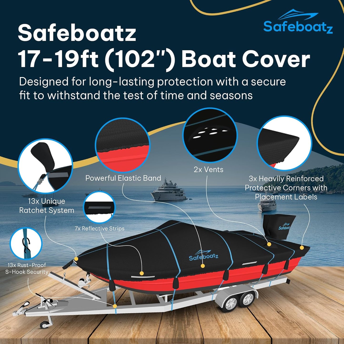 Safeboatz Premium Boat Covers 17-19 ft and 102 Wide, Trailerable Heavy-Duty 900D Polyester Cover - Waterproof, UV Resistant, for V-Hull, Tri-Hull,