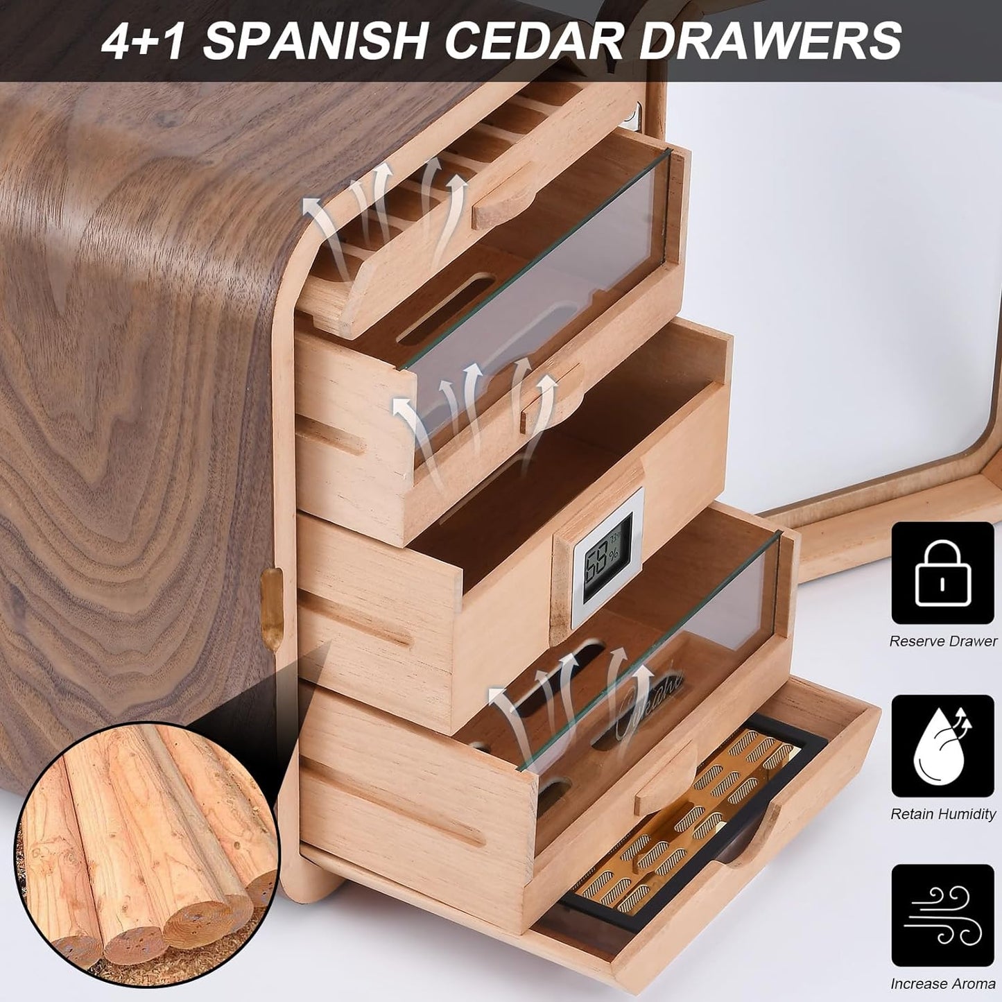 Cabinet Humidor by Spanish Cedar with 4+1 Drawers,Crystal Gel Humidifiers&Storage Case,EasyHumidification System,Accurate Digital Hygrometer,Magnetic Seal-Black Walnut (Black Waln