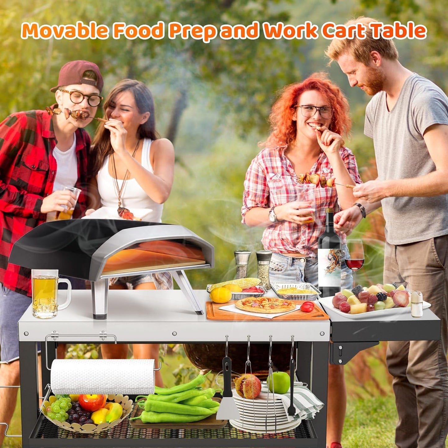 Three-Shelf Movable Cart with Food Prep Worktable, Drawer & Side Table