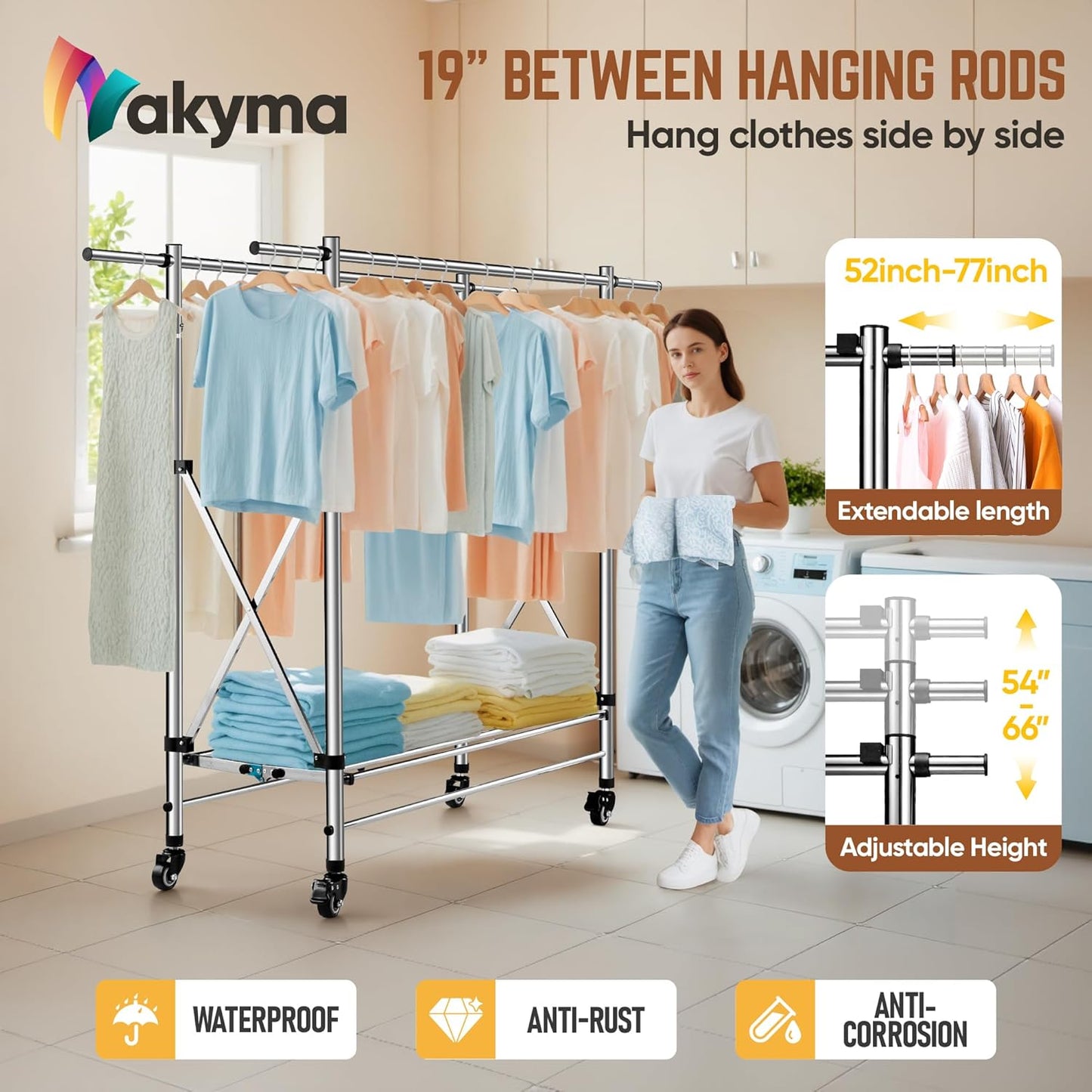 Clothes Rack - Heavy Duty Clothes Rack Load 580 LBS, Rolling Clothing Rack with Wheels, Collapsible  Adjustable Clothes Rack with Wheels Garment Rack