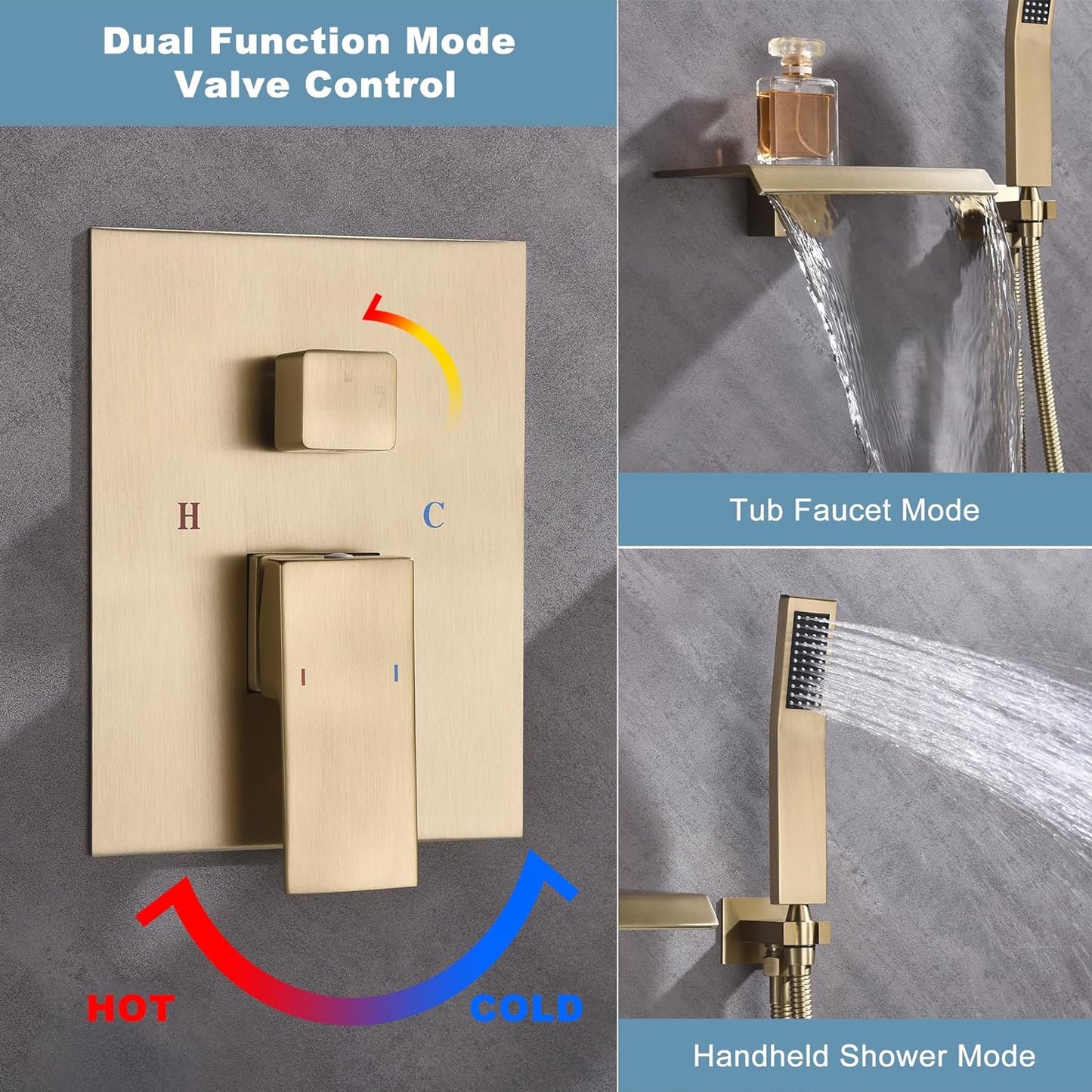 Waterfall Shower Bathtub Faucet Set with Sprayer, Wall Mount Tub Spout with Handheld Shower Head Single Handle Shower Tub Faucet Set Brushed Gold