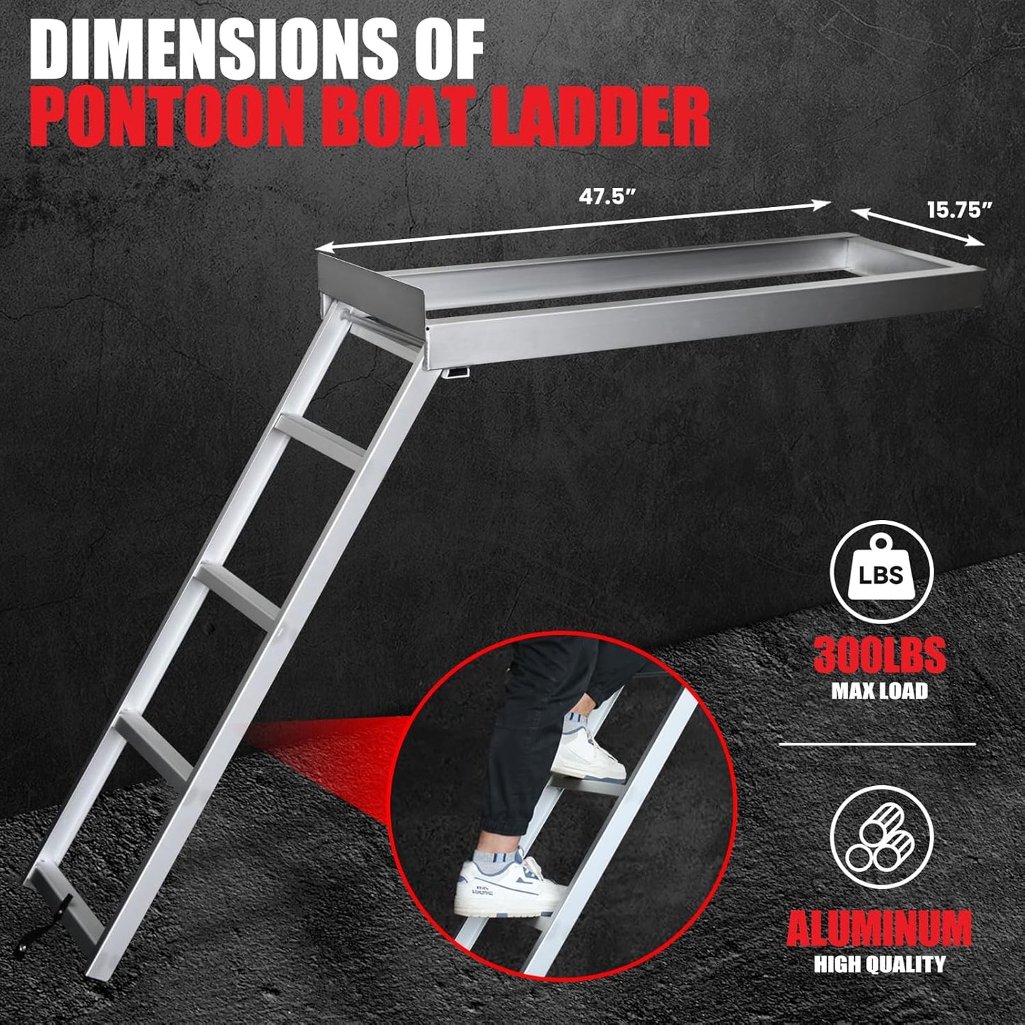 Aluminum Pontoon Boat Ladder 4 Steps,Undermount Pontoon Ladder 300Lbs with Nonslip Design, Heavy Duty Self St