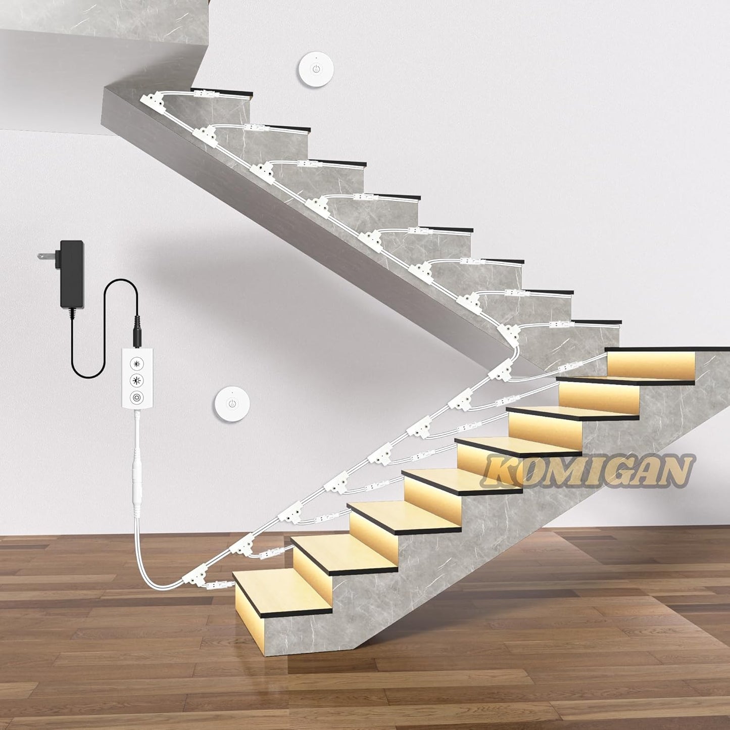 KOMIGAN LED Stair Lighting Kit KMG-8497, Wireless Switch Control, Tuya App Controlled, Work with Alexa and Google Assistant, Timer Schedule, for