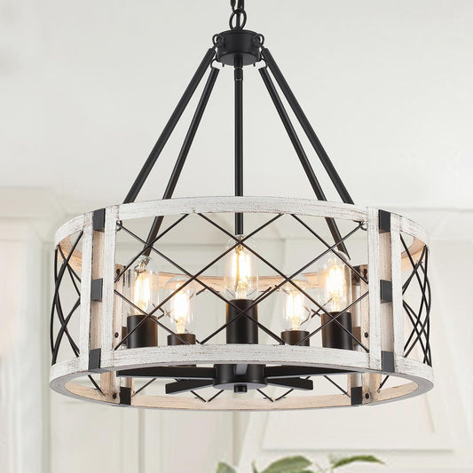 Rustic Farmhouse Chandelier, 19.8 inch 5-Light White Round Dining Room Lighting Fixtures Hanging Pendant Lighting for Kitchen Island Entryway Foyer