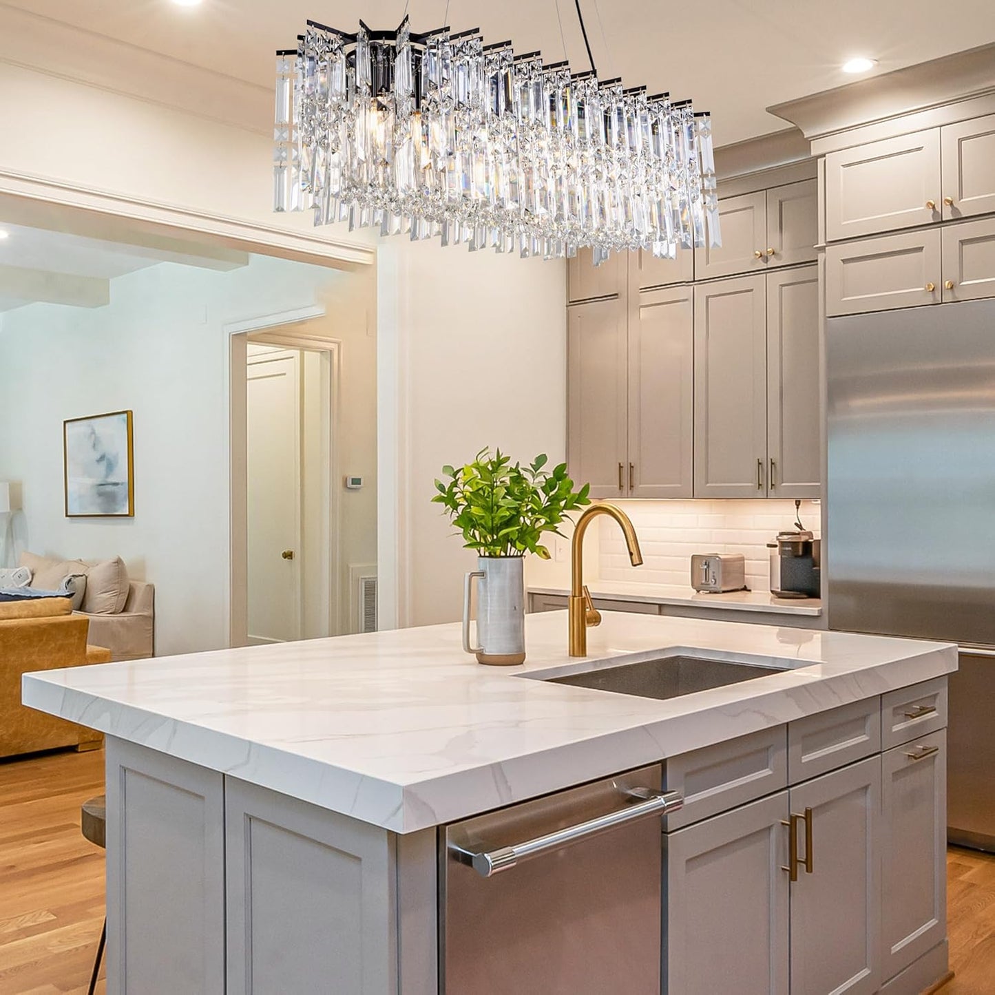 Crystal Chandelier 39'L Kitchen Island Lighting, Black Oval Chandelier over Kitchen Island Modern Hanging Ceiling Fixture