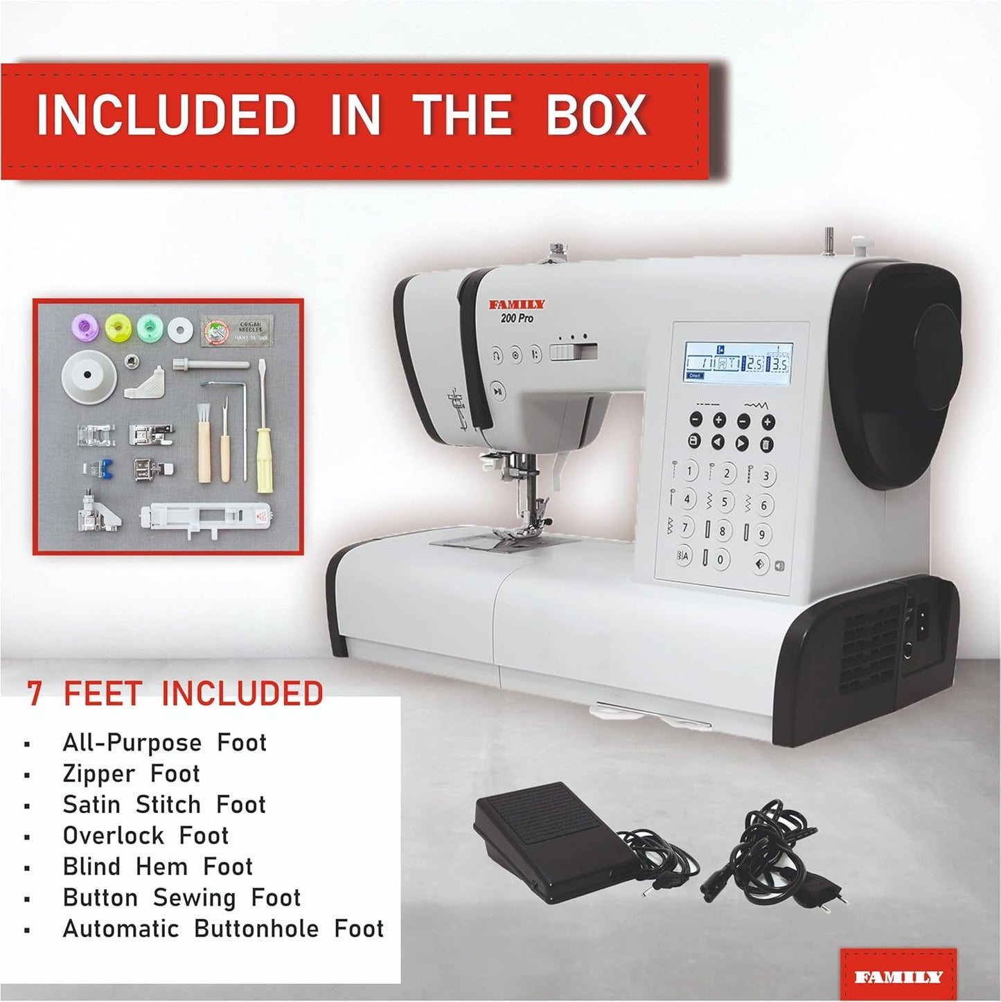 FAMILY 200 PRO|Computerized Heavy Duty Sewing Machine with Top Loading Bobbin (Horizontal Rotary Hook), 203 Stitch Applica