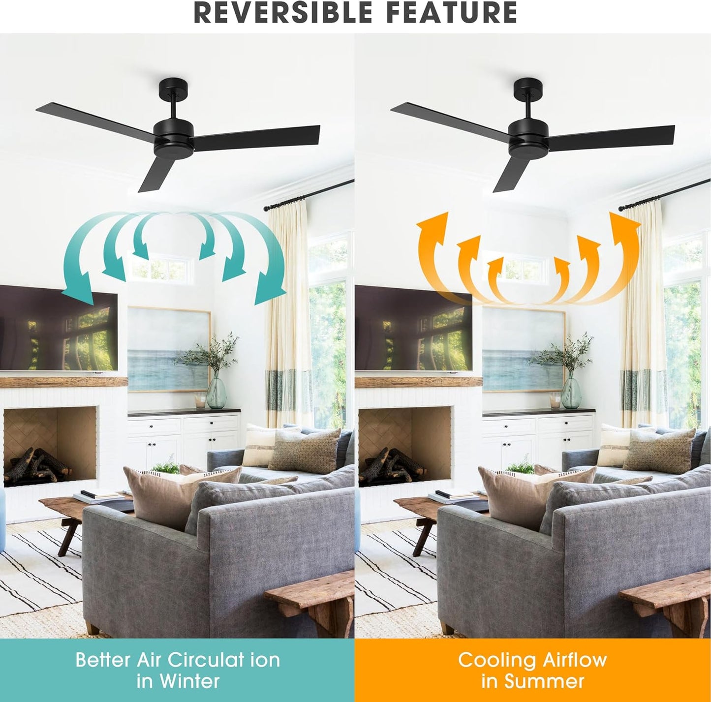 IHomeAdore Ceiling Fan without Light, 52 Inch Modern Ceiling Fan No Light with Remote for Living Room Badroom, 3 Blades,DC Motor