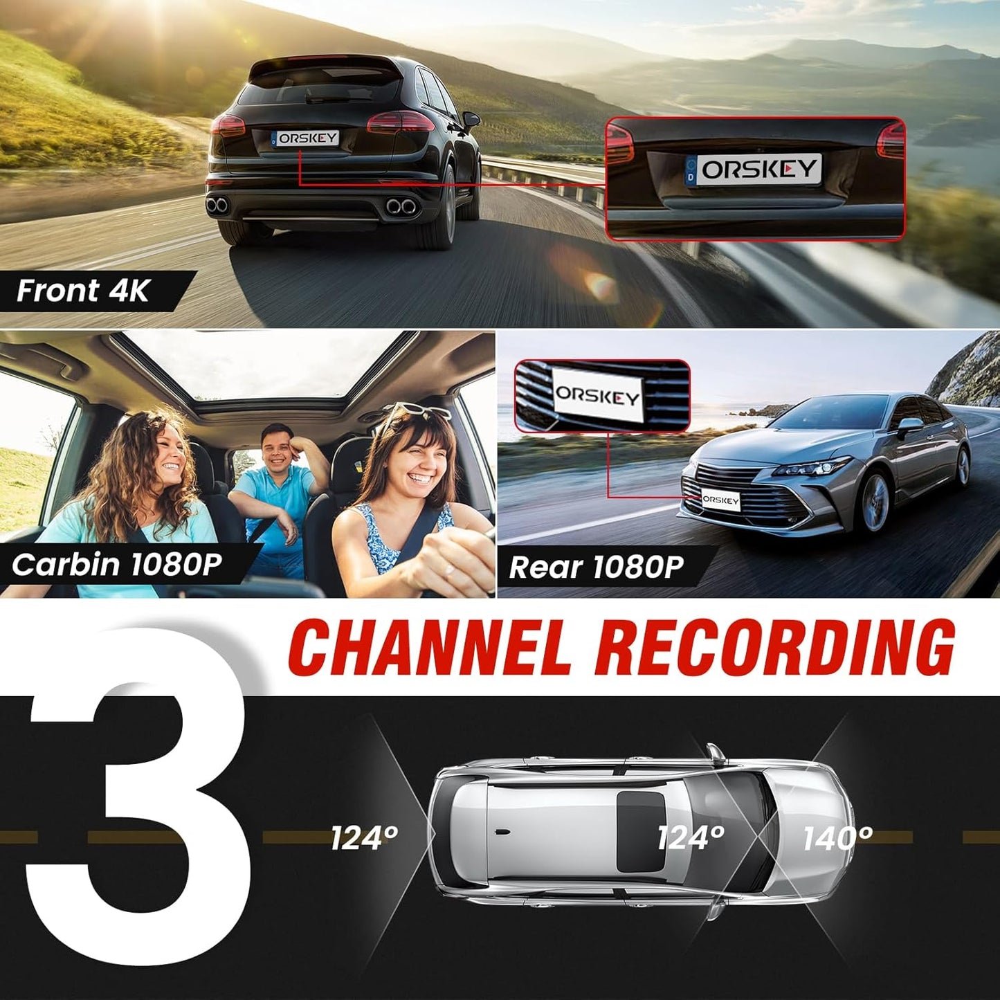 4K 3 Channel Dash Cam 5G WiFi Built-in GPS with 64GB Card,2160P+1080P+1080P Front and Rear Inside Loop Recording