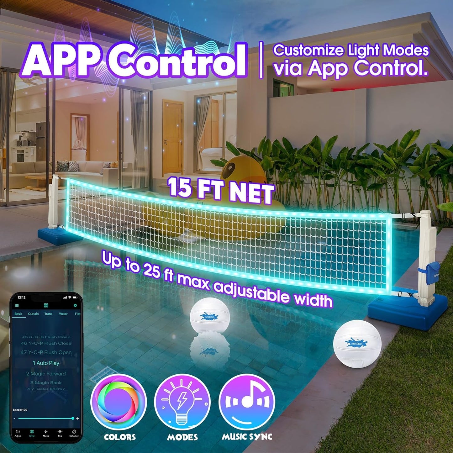 LED Pool Volleyball Net Set, Light Up Pool Volleyball Game Set with LED Water Balls, App & Remote Control, Lights to the Beat of Music