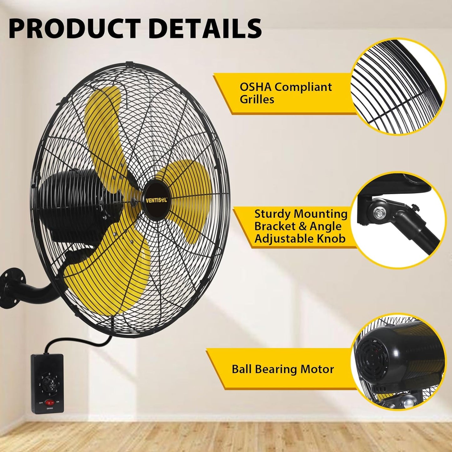 VENTISOL 20 Inch High Velocity Oscillation Wall Mounted Fan for Porch, Greenhouse,Workshop,Home, Patio,-3 Speed -4,950CFM - Household,Commercial,Ind