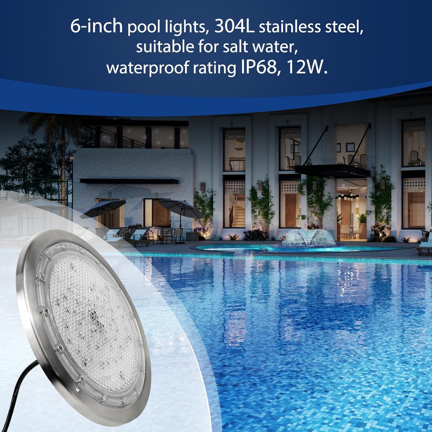 LED RGBW 6 Inch 12V AC Pool Lights for Inground Pool,  100 Foot Cord, w/Remote, Salt/Freshwater Compatible