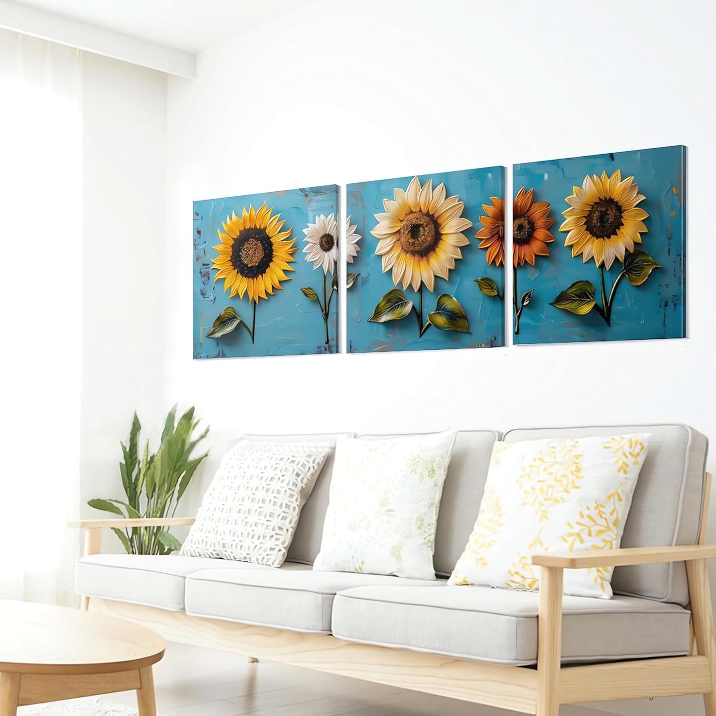 SSRTK 3 Piece Set Large Living Room Sunflower Painting Textured Wall Art Canvas Flower Wall Decor for Women&#39;s Room Modern Home Bedroom Oil