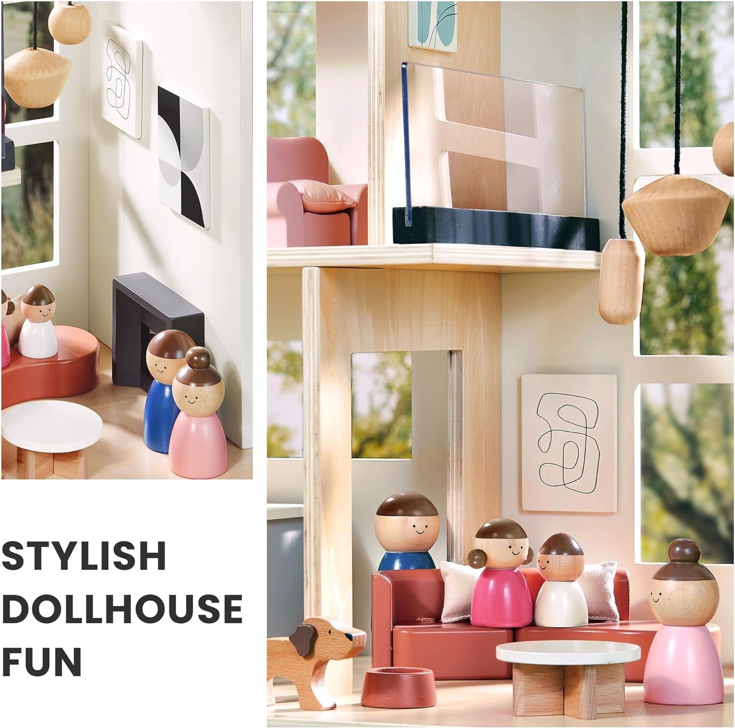 Tiny Land Doll House, Modern Family Dollhouse with Realistic Design, Wooden Dollhouse with 53Pcs Furniture - Ideal Gift for K