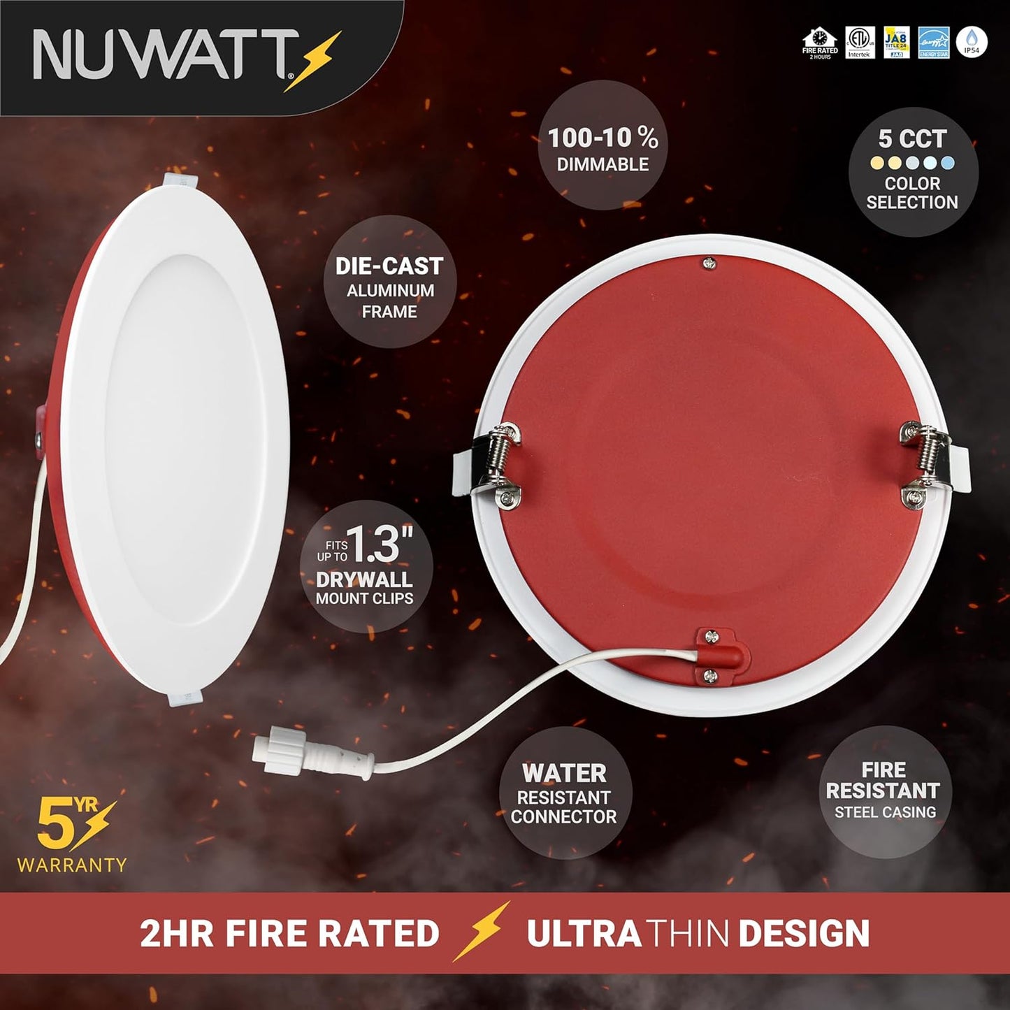 NUWATT 12 Pack, 6 Inch 2 Hour FIRE Rated Ultra-Thin LED Recessed Light, 2700K/3000K/3500K/4000K/5000K Selectable,