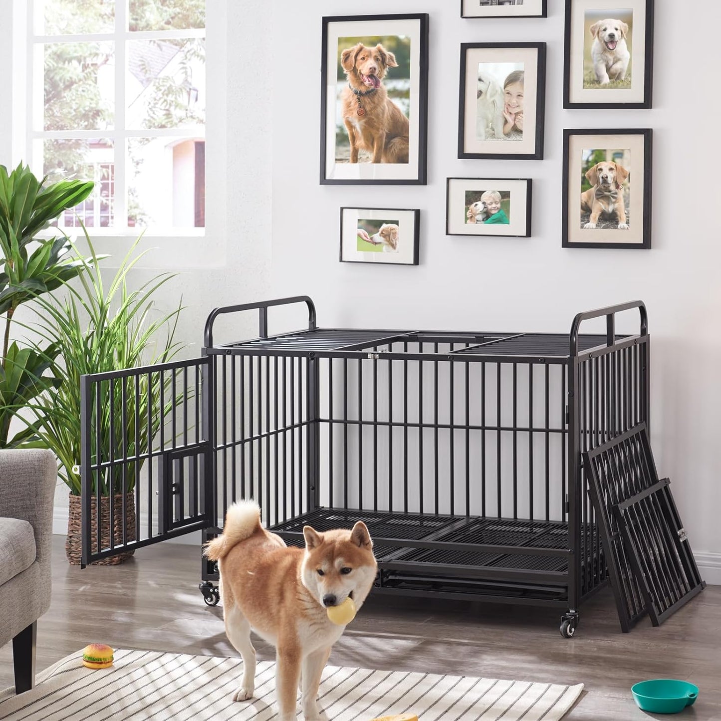 Lauren&Harold 48 Inch Heavy Duty Dog Crate Furniture for Large Medium Dogs, Indestructible Dog Kennel Indoor with Wheels&Removable Tray, Escape-Proof
