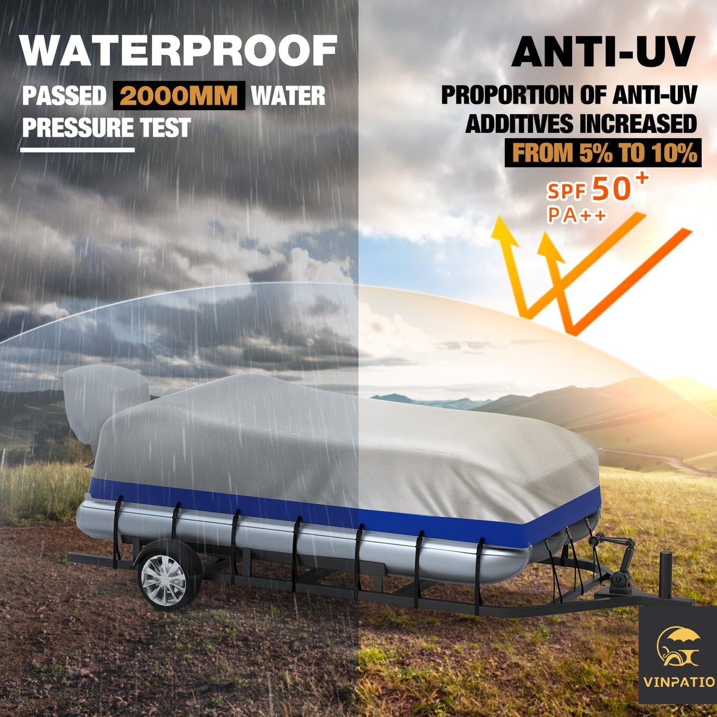 Pontoon Boat Cover with Motor Cover: Pontoon Cover Heavy Duty 800D Solution-Dyed Polyester UV Resistant Marine Grade Waterproof Pontoon Boat Covers