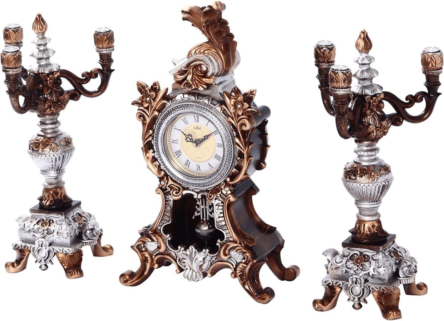 18.5H Rococo Style Pendulum Clock Mantel Clock with 2 Candelabra Candle Holders Baroque Resin Desk Clock Anniversay Clock for Living Room Bedroom