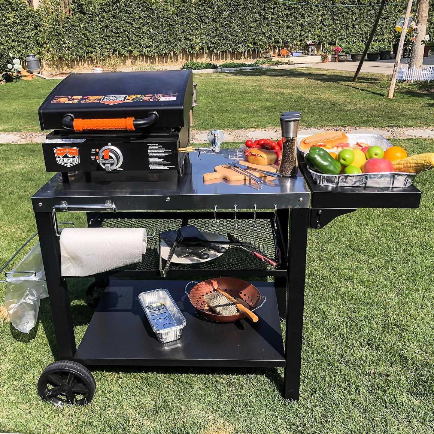 Three-Shelf Movable Cart with Food Prep Worktable, Drawer & Side Table