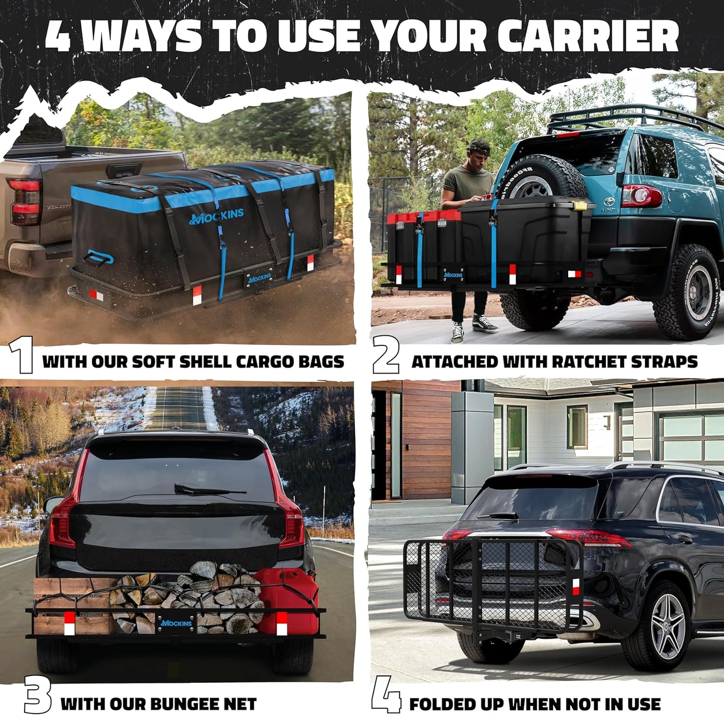 60" X 20" X 6" Folding Cargo Carrier Trailer Hitch,16 Cubic Ft Vehicle Soft-Shell Carriers Bag 29" X 19" X 12", 500lb capacity