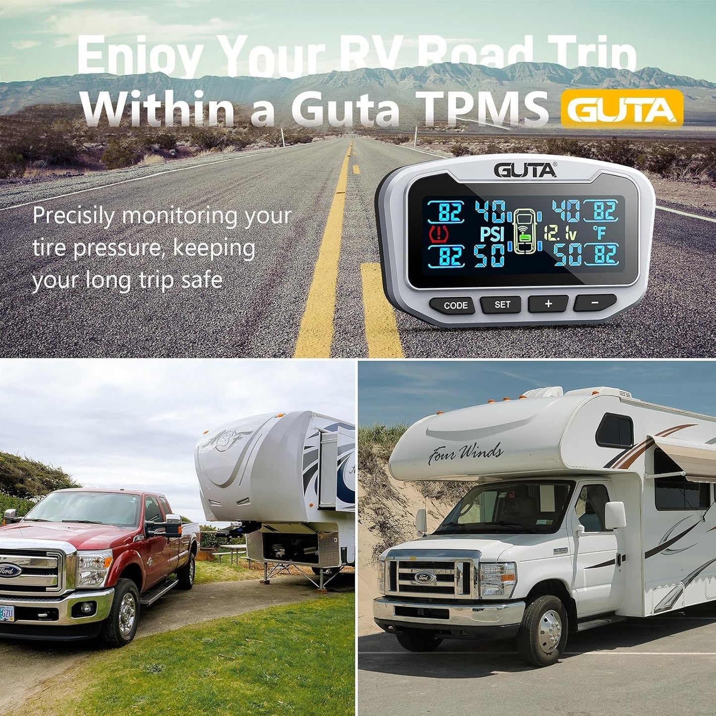 GUTA RV Tire Pressure Monitoring System, Trailer TPMS, 6 Sensors, 6 Alert Modes, Long Range Signal, CLA Charging & 2 USB-A Outputs, Adjustable LCD