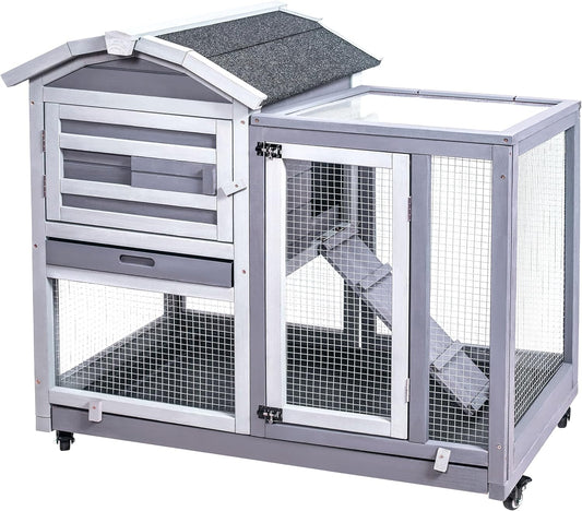 Indoor/Outdoor, Wooden Rabbit Hutch/Cage with Wheels,  Ramp and Removable Tray