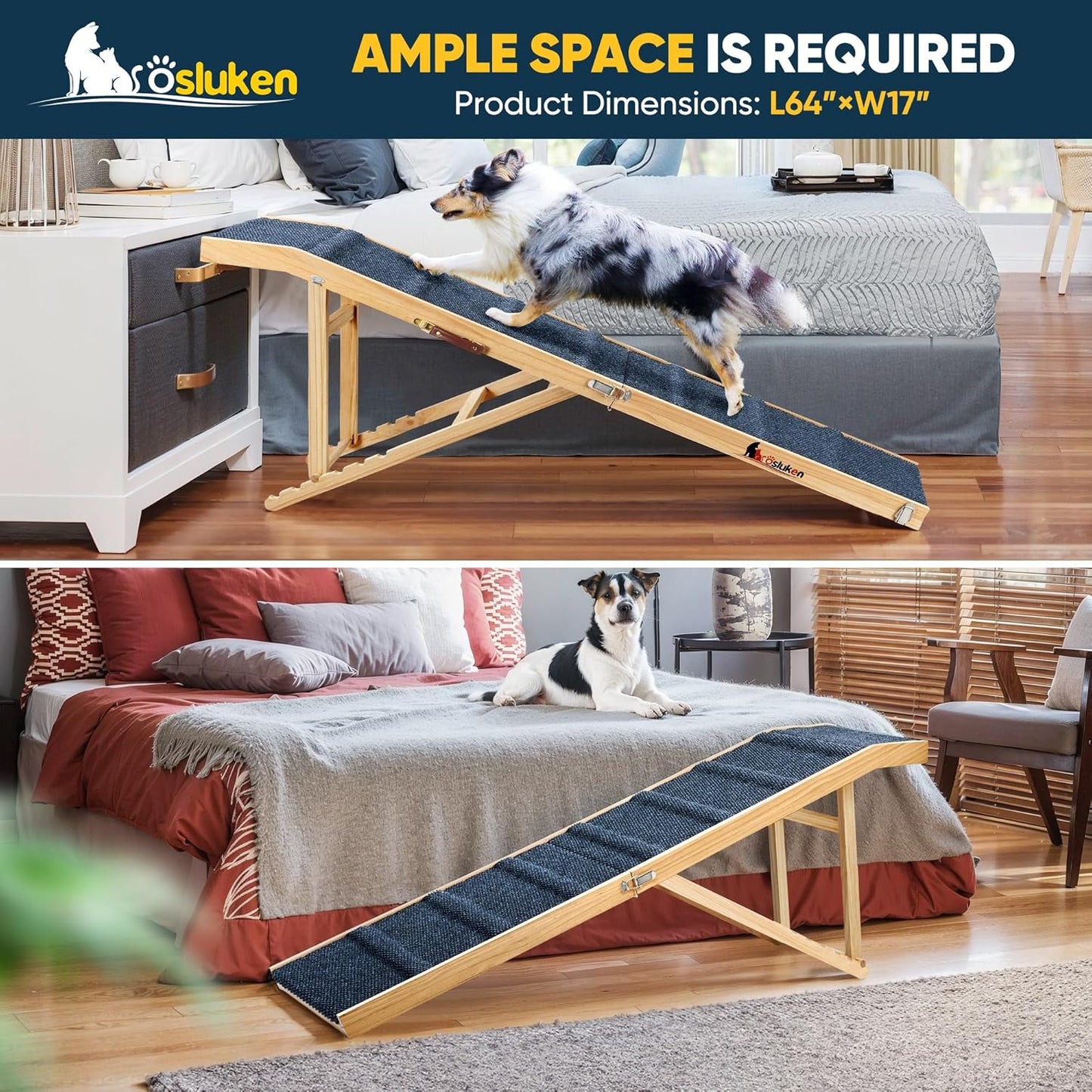 Dog Ramp for Bed, 64&#34; Long Foldable Pet Ramp for Small Large Dogs Cats, Dog Ramps for High Beds Car, High Traction with Platform 6 Adjustable