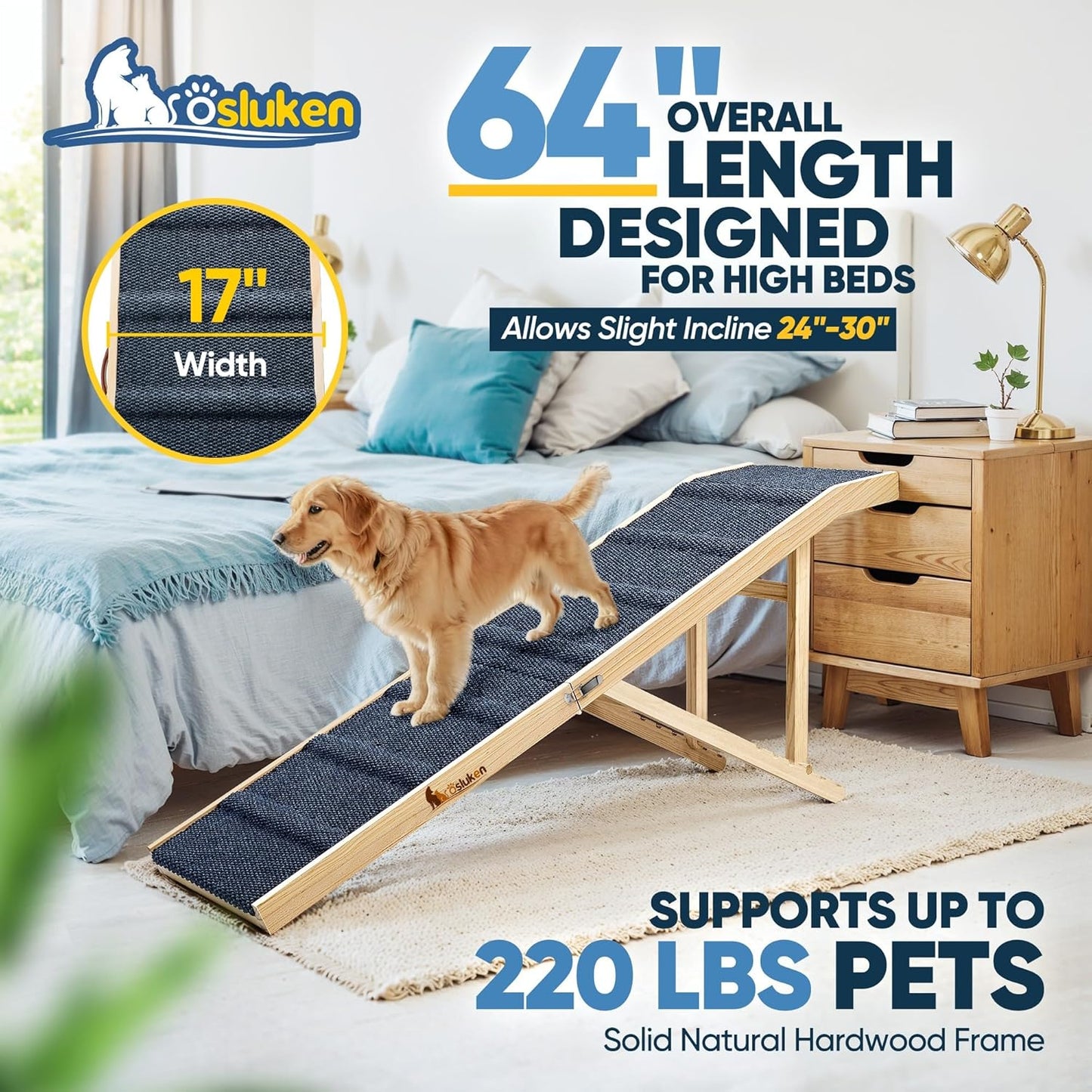 Dog Ramp for Bed, 64&#34; Long Foldable Pet Ramp for Small Large Dogs Cats, Dog Ramps for High Beds Car, High Traction with Platform 6 Adjustable