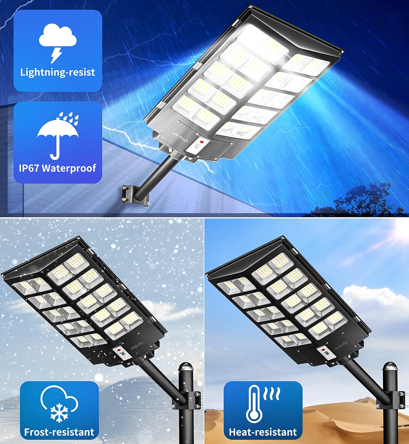 Gefolly 3200W Solar Street Lights Outdoor, 320000LM Commercial Parking Lot Light, 6500K Dusk to Dawn Solar Security Flood Lights Motion Sensor Solar