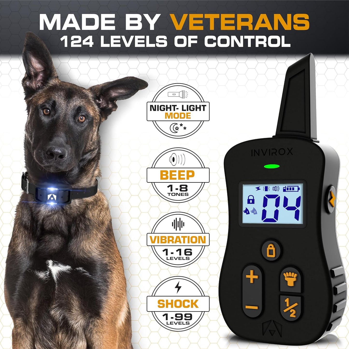 INVIROX Dog Shock Collar [Ultra K9] 124 Training Levels, 4 Powerful Modes with Night-Light and  Mile Range 100% Safe Dog Training Collar for Large