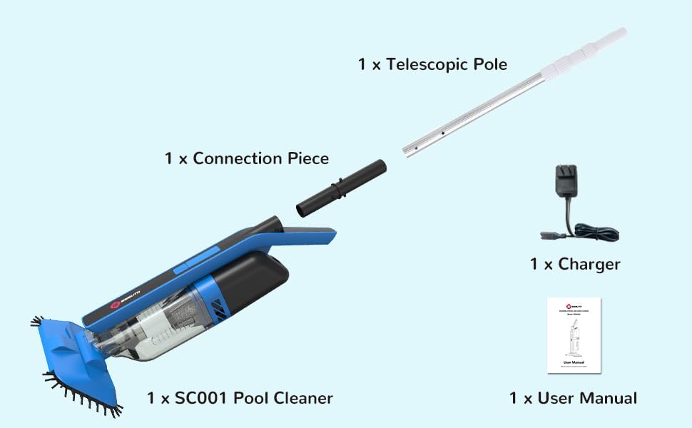 Seauto Cordless Pool Vacuum with Telescopic Pole, Handheld Rechargeable Pool Cleaner for Deep Cleaning with 60 Mins Runtime, Powerful Suction, Ideal for Pools, Spas and Hot Tub (Blue) (Blue)