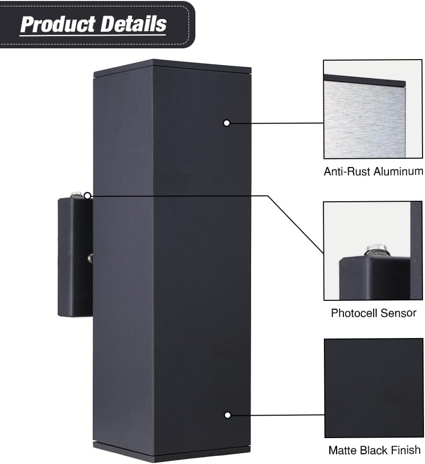 Cerdeco Brandon Aluminum Modern Outdoor Wall Light, Dusk to Dawn Exterior Up Down Light Fixtures Matte Black [UL Listed] (2 Pack) (96356TZ)
