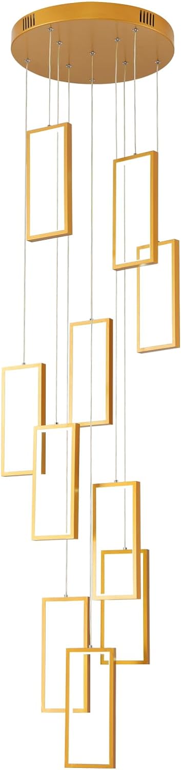 Modern LED Chandelier 10 Rings Rectangle Chandelier Dimmable With Remote Control Gold Pendant Light 120in Adjustable Height Long Staircase Chandeliers Foyer High Ceiling Light Fixture Chandeliers