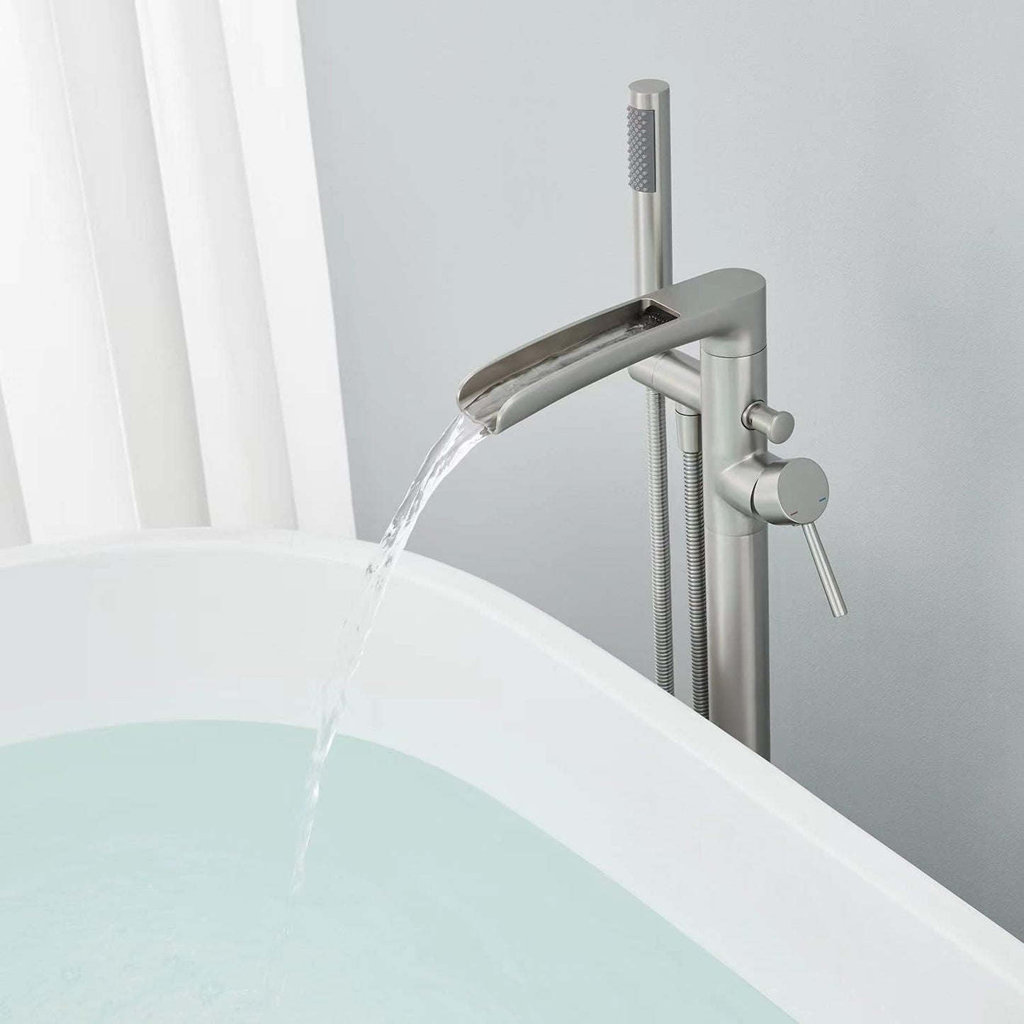 Wowkk Waterfall Freestanding Bathtub Faucet Brushed Nickel Floor Mount Tub Filler Brass Single Handle Bathroom Faucets with Hand Shower (Brushed Nickel)
