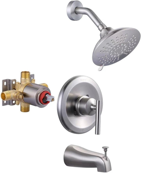 WOWOW Brushed Nickel Shower Tub Kit Brass Shower Faucet Set with Tub Spout and 6-Inch Rain Shower Head, Single Handle Tub and Shower Trim Kit, Shower Valve Include (Shower set with tub fauc