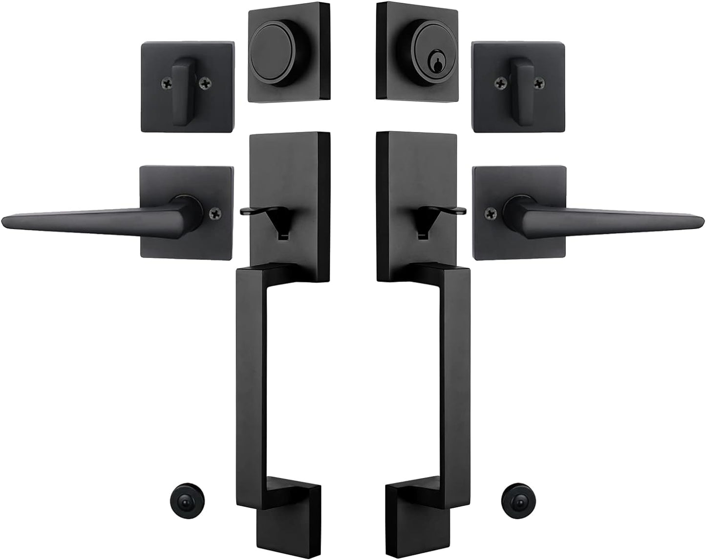 NEWBANG Front Double Door Traditional Style Keyed Entry Door Handleset with Lever Handle in Matte Black,(Keyed and Dummy Set),MDHST2010DB-SET-BR-TMC