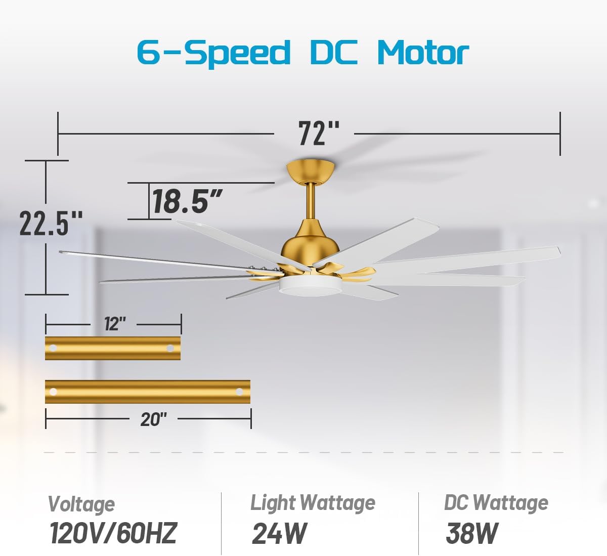 wurzee Large 72" Industrial Large Ceiling Fans with Light and Remote 6 Speed Reversible DC Motor Dimmable Timing LED White and Gold Modern Ceiling Fan for Indoor or Covered Outdoor Kitchen
